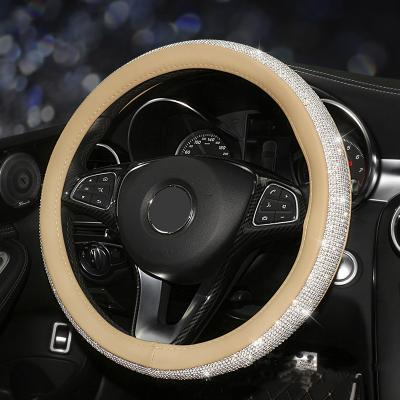 China Diamond Women Universal 15 inch Bling Bling Crystal Rhinestones Diamond Leather Steering Wheel Cover for sale