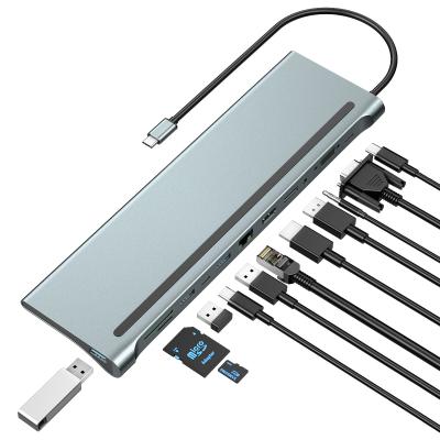 China Type-C Enabled Devices Fast Charging 12 Ports USB C Hub DP VGA Aluminum Alloy Dock HD Gigabit Ethernet 4K RJ45 SD+TF Type C for Men for sale