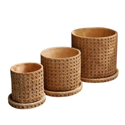 China CLASSIC Classic Style Design Cement Bamboo Weaving Flower Pot with Tray for Home Decor for sale