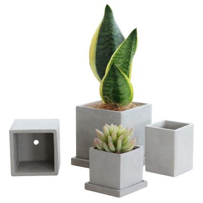 China Simply Morden Design Square Cement Flower Pot With Saucer For Plants Home Decorative Living Room for sale