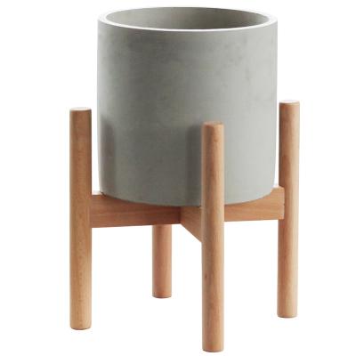 China Decorative Modern Cylinder Shape Cement Flower Pot With Wooden Stand For Green Plant for sale