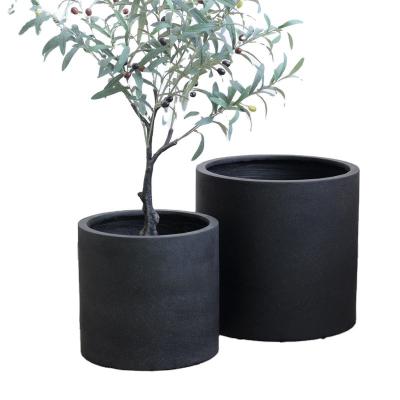 China Simply Tall Cylinder Modern Cement Outdoor Planter Pot With Drainage Hole And Saucer For Green Plant for sale