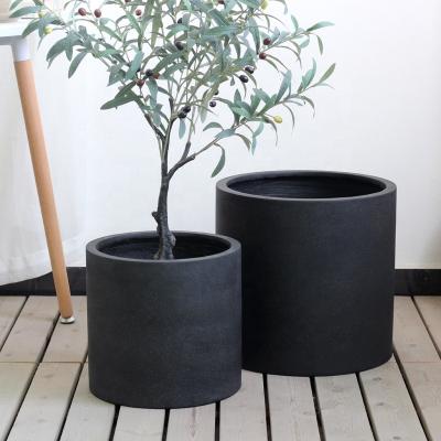 China Modern Black Color Cylinder Shape Large Size Cement Flower Pot With Drainage Hole For Garden Decor for sale