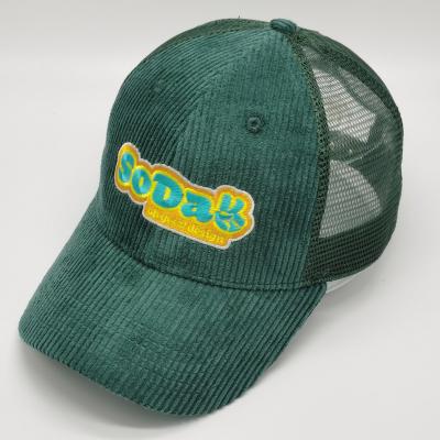 China Green Embroidery Mesh Caps Corduroy Trucker Hat of COMMON customization with flat embroidery Mesh Baseball Cap for sale