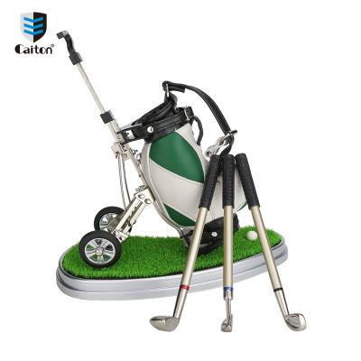 China Custom Green Grass Base 3 Piece Set Mini Aluminum Alloy Golf Cart Pen Holder Golf Desk Gifts 11.3*13cm for sale