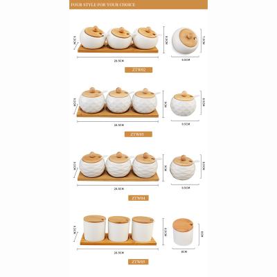 China Sustainable 3pcs/Set Porcelain Condiment Jar Spice Container with Lids and Bamboo Ceramic Sugar Bowl Seasoning Box Spoon Set for sale