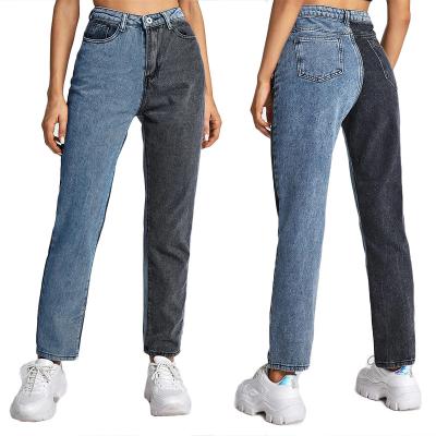 China 2021 Size Two Colorblock High Leg Straight Popular Jeans Design Breathable Wide Leg Denim Pants For Women for sale