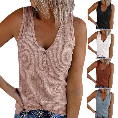 China 2022 New Arrival Amazon Women's Anti-Pilling V-Neck Tank Top Ribbed Summer Sleeveless Button Henley Casual Shirts for sale