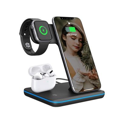 China Hot Selling Mobile Phone Fast Wireless Portable 15W Qi Charger 3 in 1 Wireless Charger for Mobile Phone Watch Earphone for sale