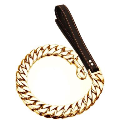 China Wholesale Viable Chew Resistant Cuban Link Chain Pet Lead 30MM Stainless Steel Dog Leash With Leather Handle for sale