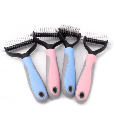 China Sustainable Tangle Removing Double Sided Shedding and Dematting Undercoat Rake Comb Skin Friendly Pet Grooming Brush for sale