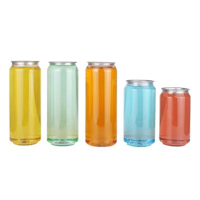 China Clear Plastic Beverage Can PET Beverage Bottle 330ml 350ml Disposable Beverage Can Screen Printing With Easy Open Lid 10,000pcs for sale