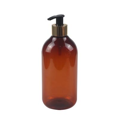 China Wholesale PET Cosmetic Container 500ml Plastic Luxury Black Shampoo Bottle With Gold Lotion Pump for sale