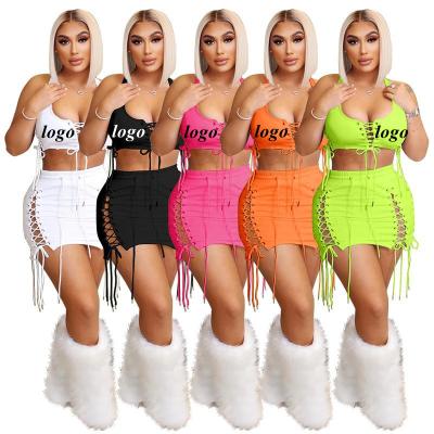 China New Design Breathable Clothes 2022 Summer Fashion Outfits Vest Sleeveless Drawstring Hollow Bodycon Women 2 Piece Skirt Set for sale