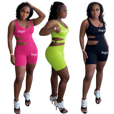 China 2022 Summer Women Clothing Solid Color Spandex/Polyester Tight Hollow Out Cut Out Ribbed Romper Shorts Women Customized Onesie Jumpsuit Women for sale