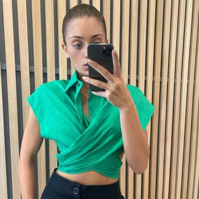 China Breathable Casual Blouses 2022 Summer Deep V Cuff Sleeve Ruched Detail Shirts Woman Draped Slim Cropped Tops for sale