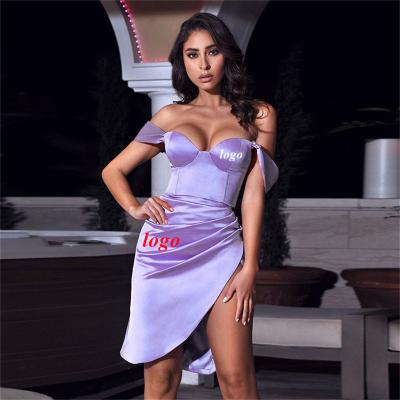 China New Arrivals Summer Breathable Sexy Spring Dress Satin Shrinked Women Dress Solid Color Off The Shoulder Split Elegant Party Dresses 2022 for sale