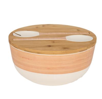 China Large Capacity 130.5oz Sustainable Bamboo Fiber Round Vegetable/Fruit Salad Bowl Deep Decal Print With Fork And Bamboo Spoon Lid for sale