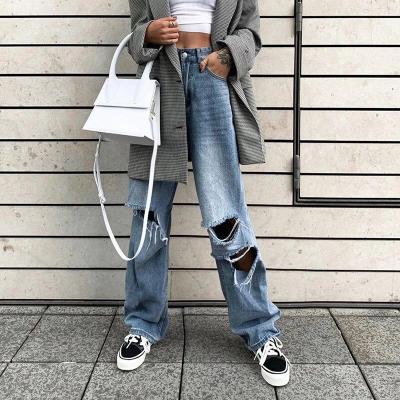 China Spring Breathable Fashion Hole High Waist Streetwear Denim Breeches Loose Destroyed Casual Women Jeans P1735042 for sale