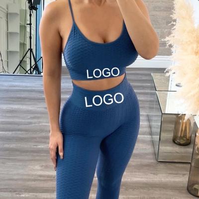 China Breathable cheap textured sports wear workout apparel bra and bubble butt crack! crack! Leggings 2 Piece Women Fitness Yoga Set for sale