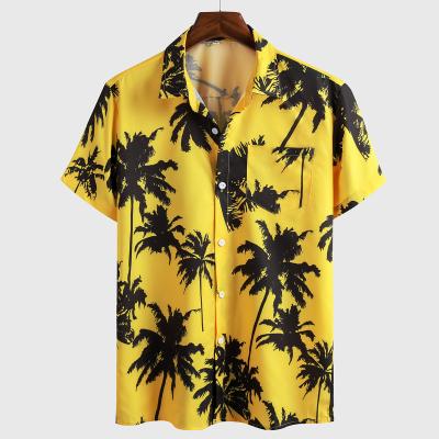 China Sustainable Vacation Clothing Mens Shirts Short Sleeve Hawaiian Style Mens Clothing Summer 2XL Loose Version Yellow Coconut Tree Printed Shirt Men for sale