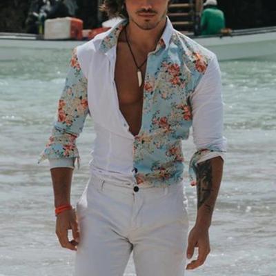 China Milan Fashion Flower Print Polyester Color Block Style Men's Regular Fit Shirts Viable Casual Long Sleeve Beach Shirt For Men for sale