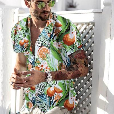 China Viable Short Sleeve Button Up Shirt Men For Vacation Style 2XL Summer Hawaiian Wear Loose Fit Floral Print Casual Green Mens Shirts for sale