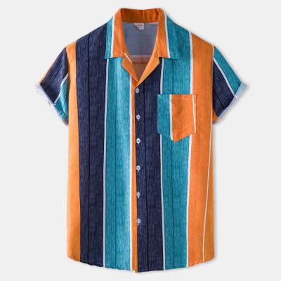 China 2021 Summer Breathable Hot Sale Plus Size Men's Shirts New Casual Button Striped Shirt Vertical Short Sleeve for sale