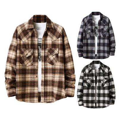 China New Viable 2021 Fall Fashion Turn-down Collar Retro Single Breasted Men's Plaid Shirts Long Sleeve for sale