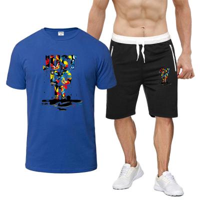 China Breathable 100% cotton gym sets 2021 new fashion mens 2XL 2021 elastic colors size 18 colors print logo t-shirt jogger equipment two pieces shorts sets for sale