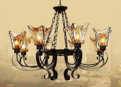 China Black 8 Light Home Decorative Wrought Iron Chandelier With Amber Glass Shade for sale