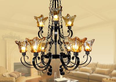 China Commercial Decorative Amber Glass Large Hotel Chandeliers 9 Light with Adjustable Chain for sale