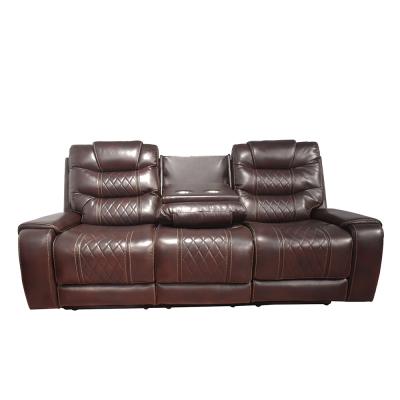 China Home Theater Power Reclinable Leather Recling Sofa Living Room Recliner Sofa With Drop Down Coffee Extended Electric Panel for sale