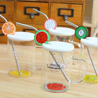 China Coffee Tea Water Bottle Milk ... Fruit Cups Handle Creative Straw Drinking Mug Glass Lid for sale