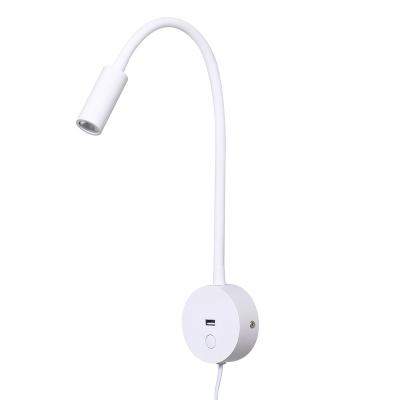 China Single Dimmable Wall Mounted Reading Light With Left USB LED Bedside Fill Wall Lamp With Flexible Gooseneck 3W Warm White for sale