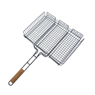 China Sustainable High Quality Wooden Grill Basket Square Handle Non-Stick BBQ Grill Mesh for sale