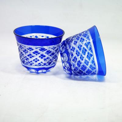 China Bohemian Handmade Blue Colored Small Liquor Glass Mug Engraved Classic Covered Glass Wine Cup Tea Cup for sale