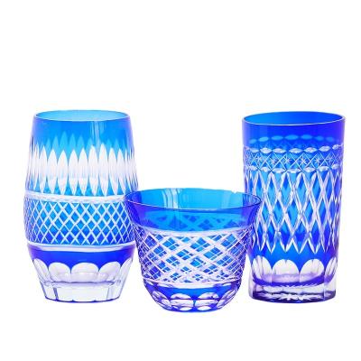 China Japan Style Fancy Hand Cut Cobalt Blue Colorful Drinking Glass Tumbler Cup Bowl Tumbler Set for sale