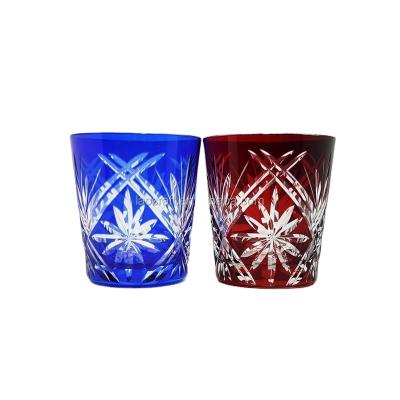 China / Japanese Style Kiriko Overlay Glass Whiskey Drinking Mug Red And Rock Blue Colored Glass Mug for sale