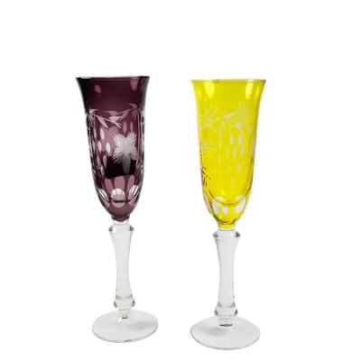 China New Classic / Postmodern 155ml Hand Carved Champagne Flute Glass Purple Yellow for sale