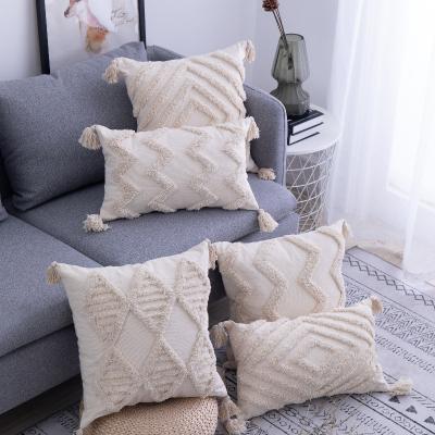 China India Folded Embellished Boho Style Adorning Cushion Cover Decorative Pillowcase Sofa Pillow Cover Room Beige Tufted Tassels 45x45cm/30x50cm for sale