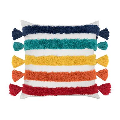 China Colorful Striped Tufted Pillows Folded Sofa Home Decorative Cushion Cover Boho Morocco Fringe Tassels Rainbow Tile Case Cover for sale