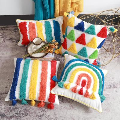 China Colorful Ethnic Tufted Pillow Cover Cushion Cover Boho Style Handmade Tile Folded Tile Covers Home Decor Backrest Cushion Case for sale