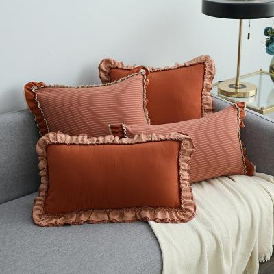 China 45x45cm Folded Pure Color Sand Washed Cotton Double Ruffled Pillow Case Garden Sofa Cushion British Style Sweet Pillow Cover 30x50cm for sale