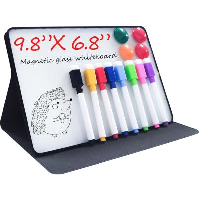 China PU Tablet Style 17.5*25cm Mini Magnetic Glass Portable Desktop Whiteboard with PU Cover for sale