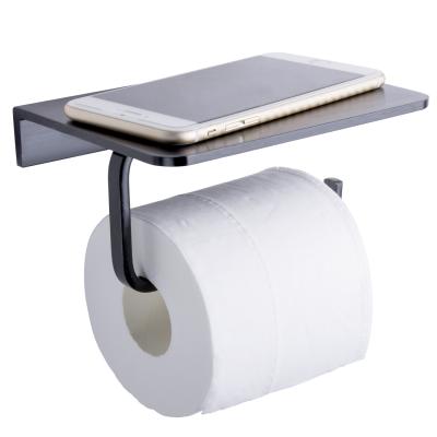 China ACMETOP Modern Metal Bathroom Black Tissue Roll Holder Wall Mounted Toilet Paper Holder With Phone Shelf for sale