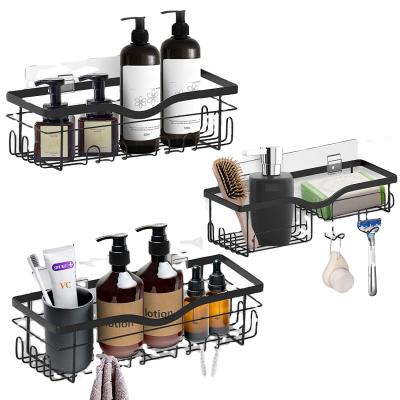 China Rust Resistant Wall Mounted Metal Storage Rack Nail Free 3 Tiers Trolley Bathroom Shelf For Soap Shampoo Towel for sale