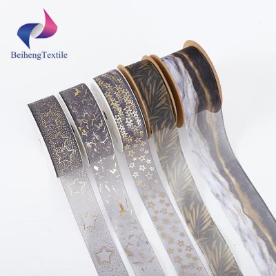 China Washable/Recycled/High Tenacity/Viable Gilding Custom Logo Bow Chiffon Ribbon 1cm Width Printed Boxe Gifts Decorations Chiffon Ribbon for sale