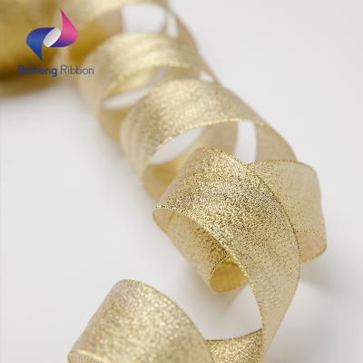 China New Design 1.5inch/Custom Metallic Gold/Champagne Glitter Metallic Polyester Ribbon Silver for sale