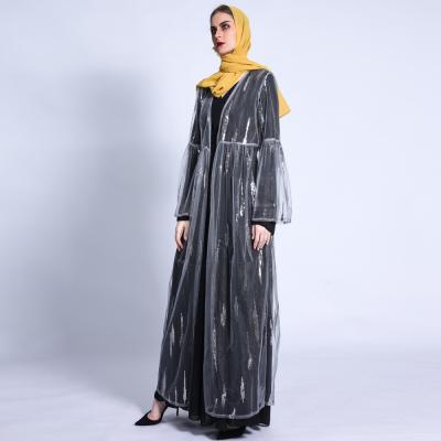 China OpenAbaya Fashion Daily Flare Lace Up Muslim Mesh Outer Cardigan Dubai Abaya Sleeve Waist Sequined Islamic Dresses for sale